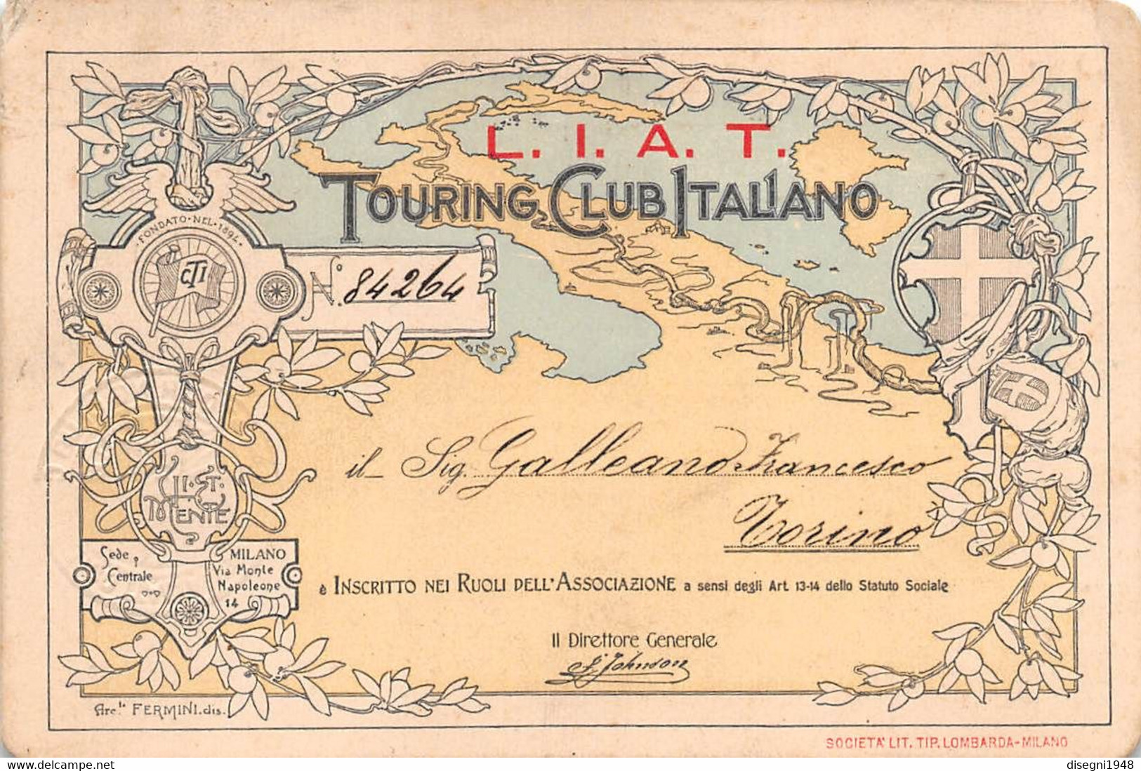 10381 "TESSERA DI RICONOSCIMENTO - L.I.A.T. - TOURING CLUB ITALIANO -TORINO - NR. 84264 -1905" ORIG. - Sonstige & Ohne Zuordnung