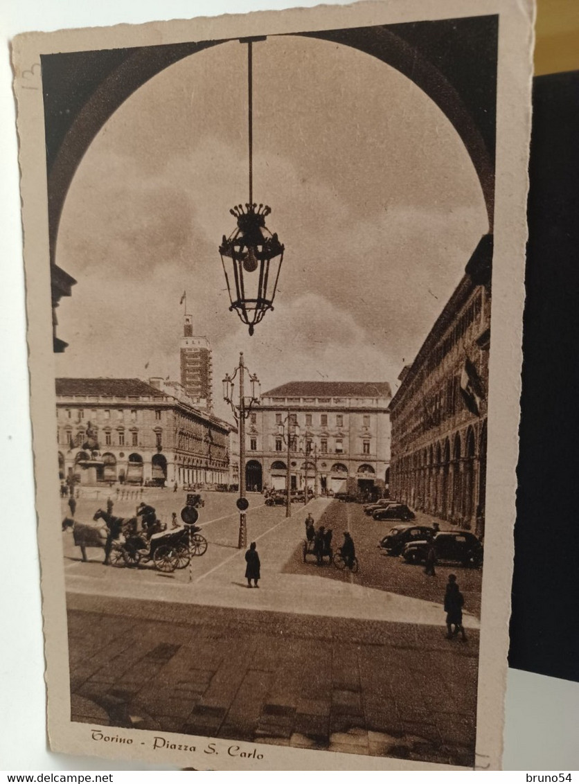 Cartolina Torino Piazza S.Carlo Auto E Carrozze Con Cavalli Anni 40 - Lugares Y Plazas