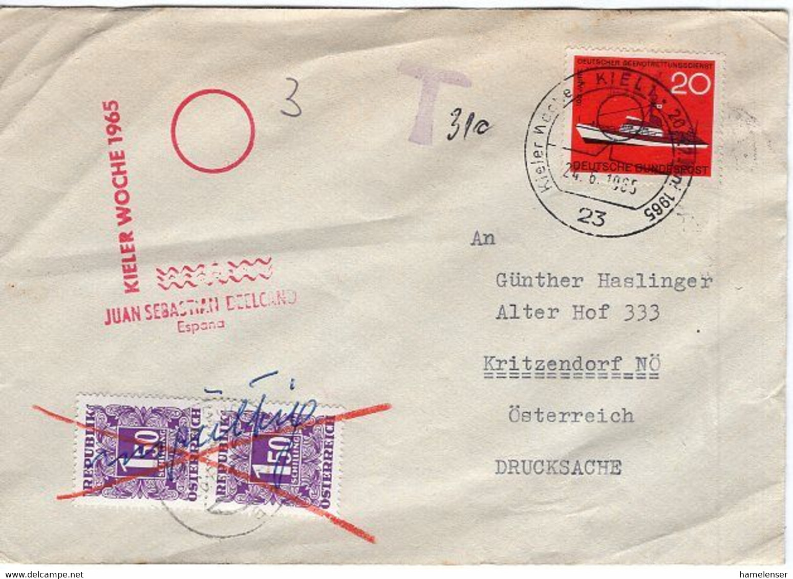 49882 - Bund - 1965 - 20Pfg Seenotrettung EF A. Drucks.-Bf. KIEL - KIELER WOCHE -> KRITZENDORF (Oesterreich), S3 Porto! - Impuestos