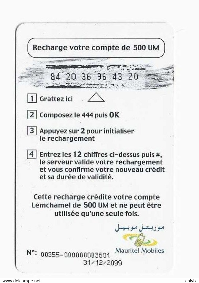 MAURITANIE PREPAYEE MAURITEL MOBILES Au Recto NOUVEAU LOGO 500 UM Date 31/12/2099 - Mauritania