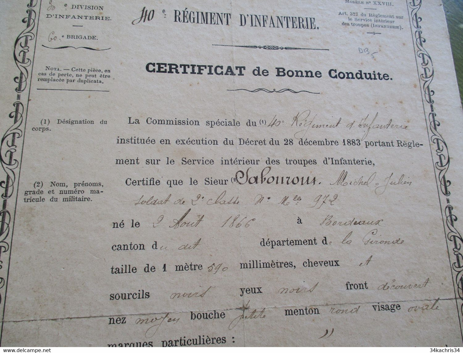 Certificat De Bonne Conduite Collé Sur Carton 40 ème Régiment D'Infanterie Privas 1890 - Dokumente