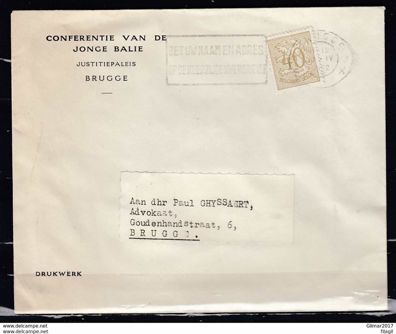 Brief Van Brugge X Naar Brugge Conferentie Van De Jonge Balie - 1951-1975 Heraldic Lion