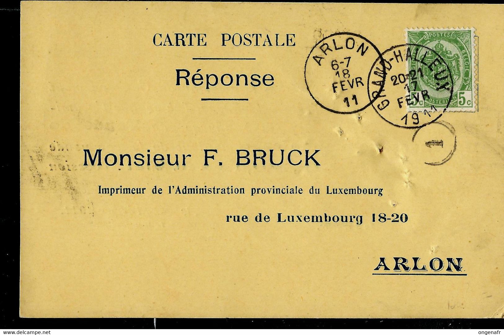 Carte Firm ; Obl. GRAND - HALLEUX 17/02/1911 Pour Arlon - Correo Rural