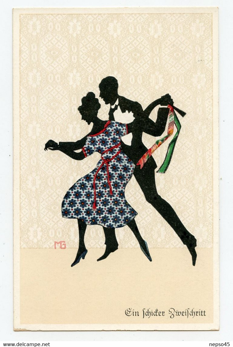 Illustrateur Signé.Manni GROSZE.art Déco.M.G. Silhouette  En Couleur.couple De Danseurs.charme élégance. - Grosze, Manni