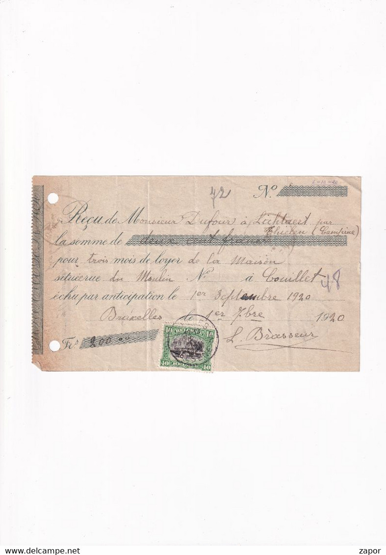 Ontvangstbewijs Mr Dufour Lichtaart - 1920 - Couillet - Herentals - Tielen - Brussel / Elsene - 143 / 40c Dinant - Transit Offices