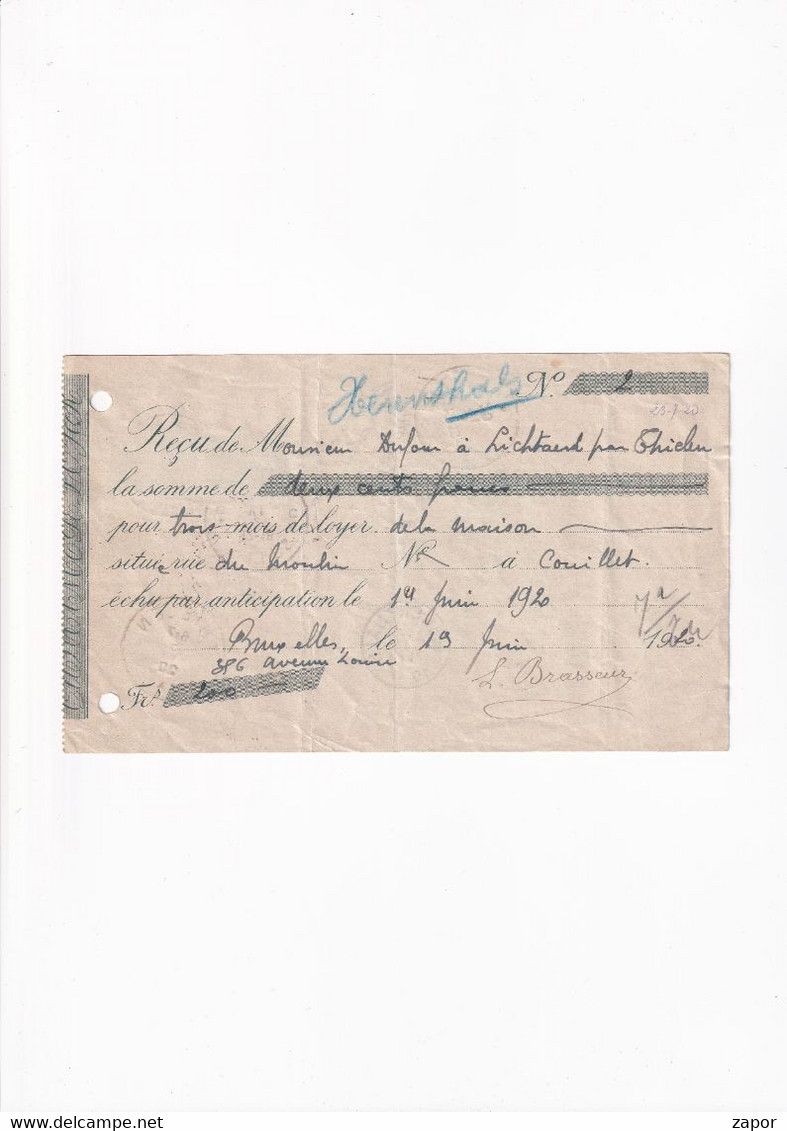 Ontvangstbewijs / Reçu  - Tielen / Herentals / Ixelles - Elsene - 1920 - Bureaux De Passage