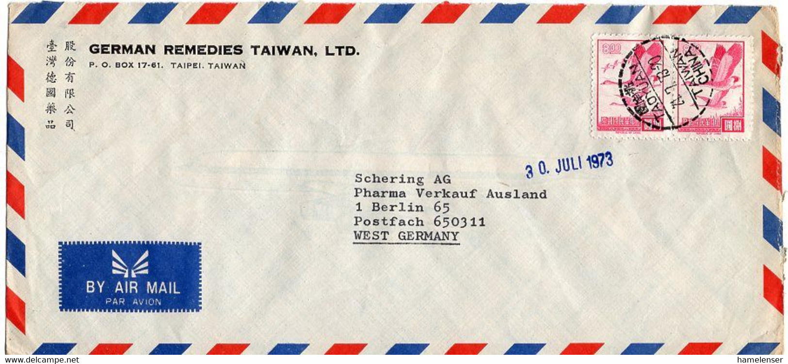 L31878 - China / Taiwan - 1973 - 2@$8 Gaense A. LpBf TAOYUAN -> Westdeutschland - Geese