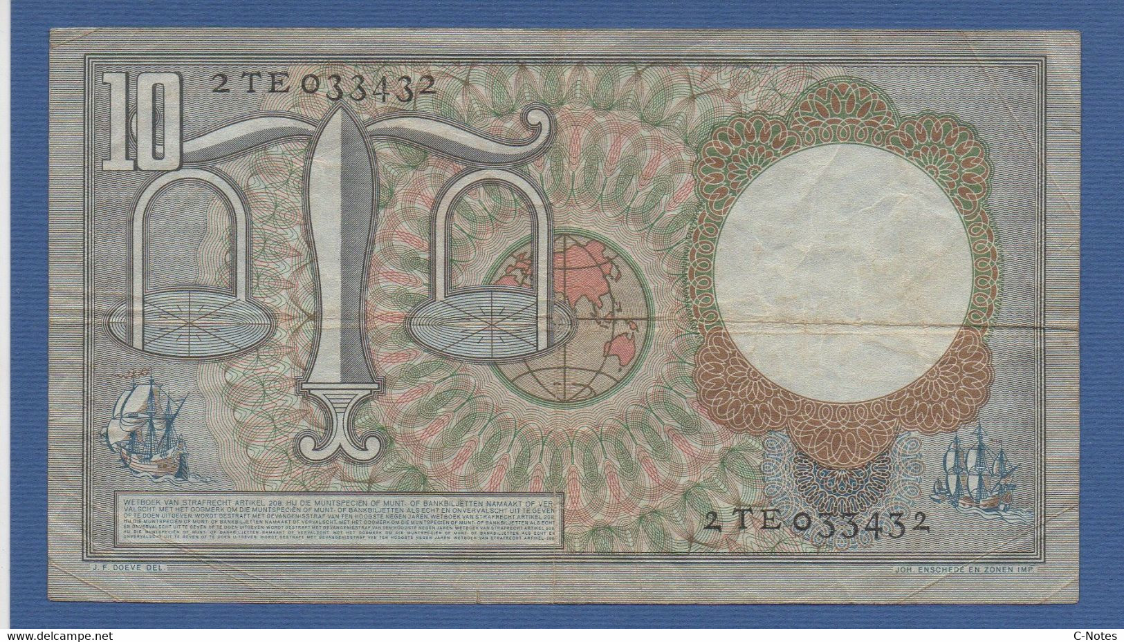 NETHERLANDS  - P.85 – 10 Gulden 23.03.1953  F/VF Serie 2TE 033432 - 10 Gulden