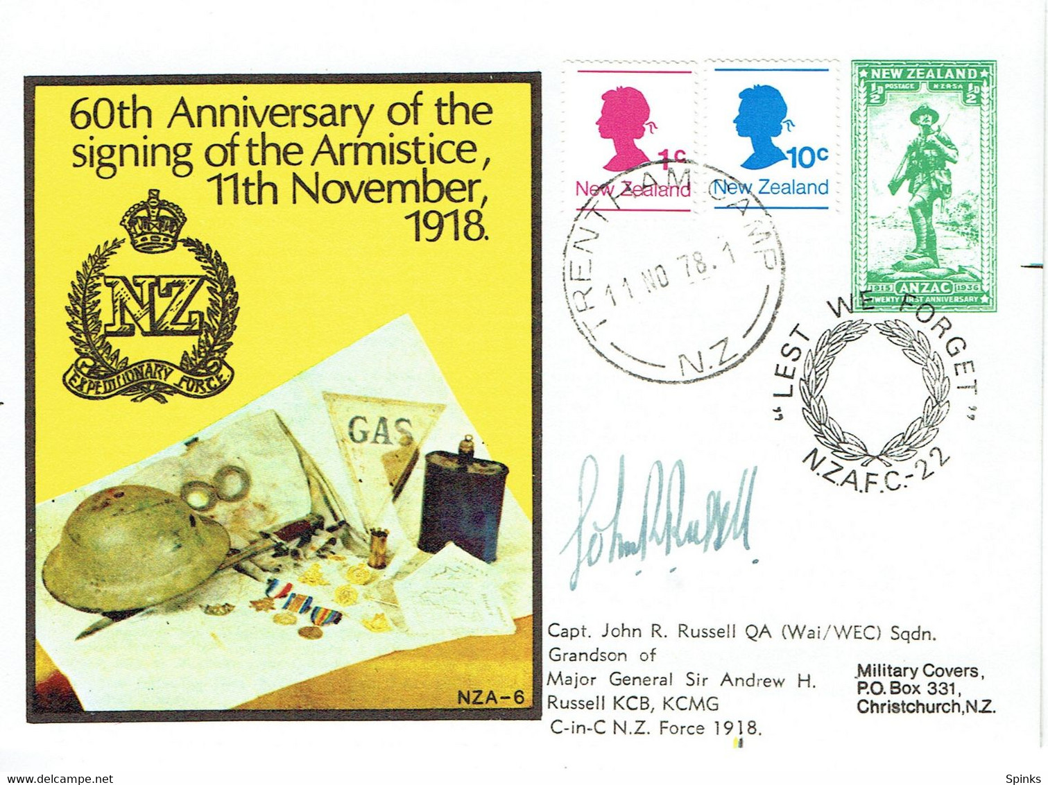 New Zealand 1978 60 Anniversary Of Armistice Signed Cover NZA-6 - Lettres & Documents