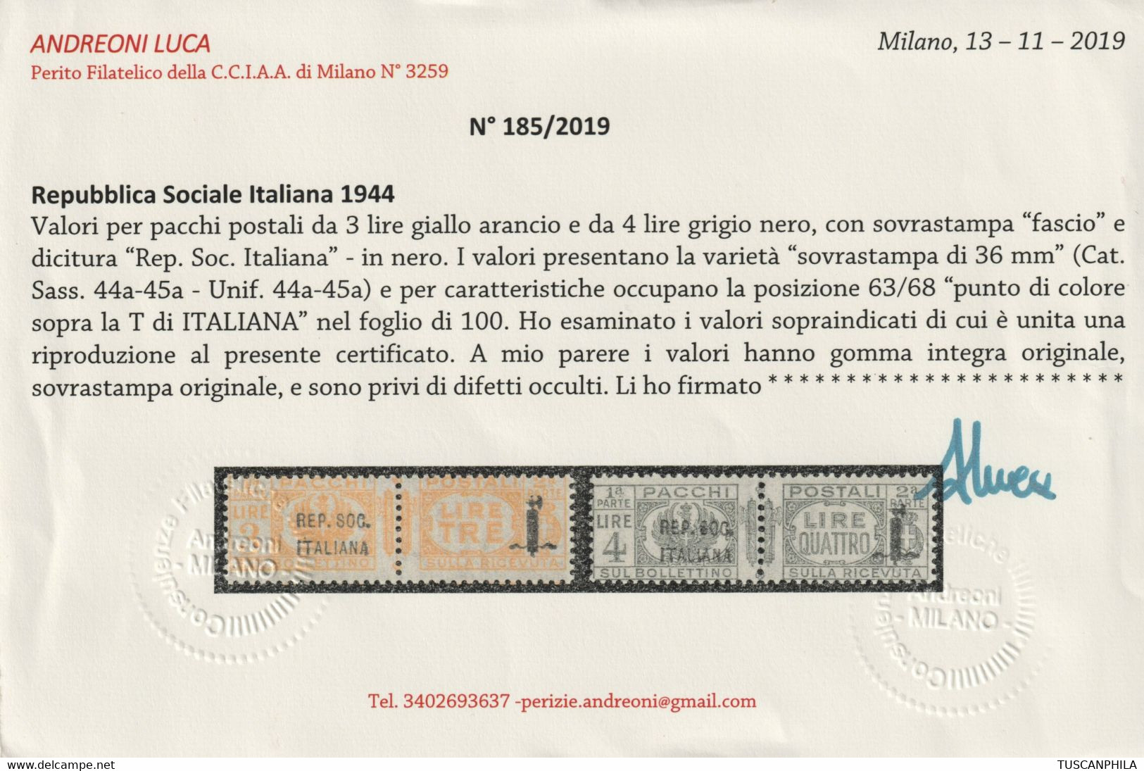 Repubblica Sociale 1944 Serie Di 2 Valori Pacchi Postali Sass. 44a/45a MNH** Certificato Cv 3100 - Paketmarken