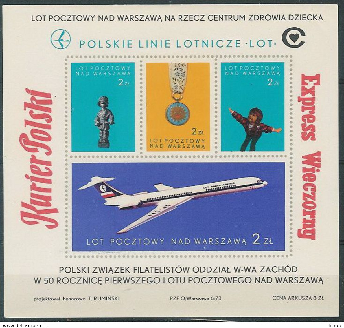 Poland Label - Airplane 1973 (L104): Postal Flight Over Warsaw (sheet) - Flugzeuge