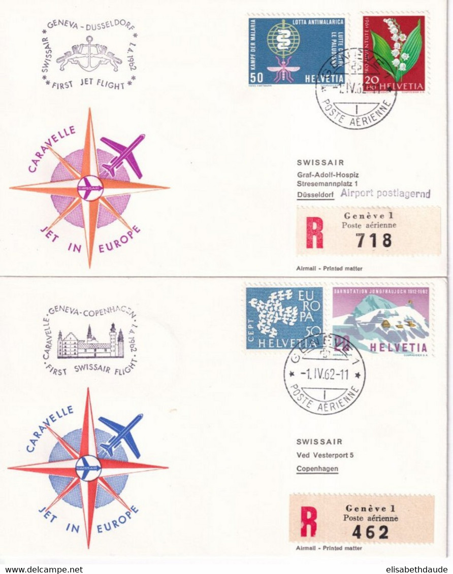 1962 - SUISSE / SWISSAIR - 2 ENVELOPPES RECOMMANDEES De GENEVE POSTE AERIENNE ! => ALLEMAGNE / DANEMARK - First Flight Covers