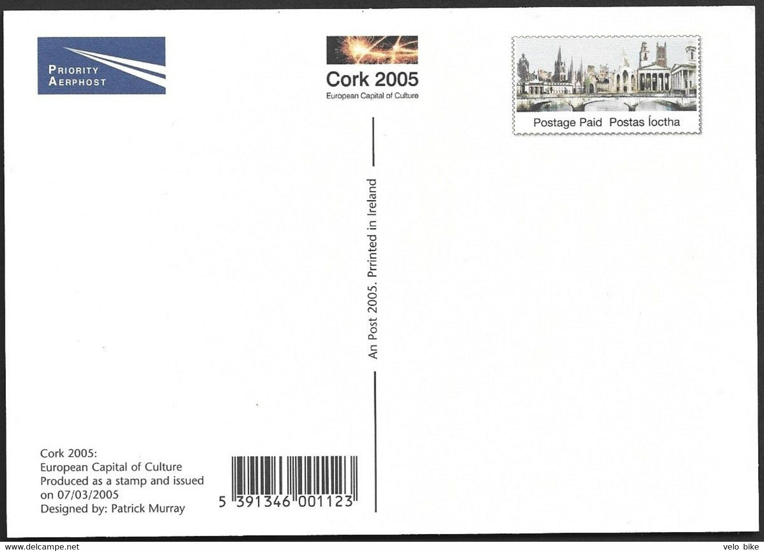 Eire Ireland Postal Stationery Postage Paid Cork 2005 Art Statue Bridge Church Capitol Of Culture Prioritaire Airmail - Entiers Postaux