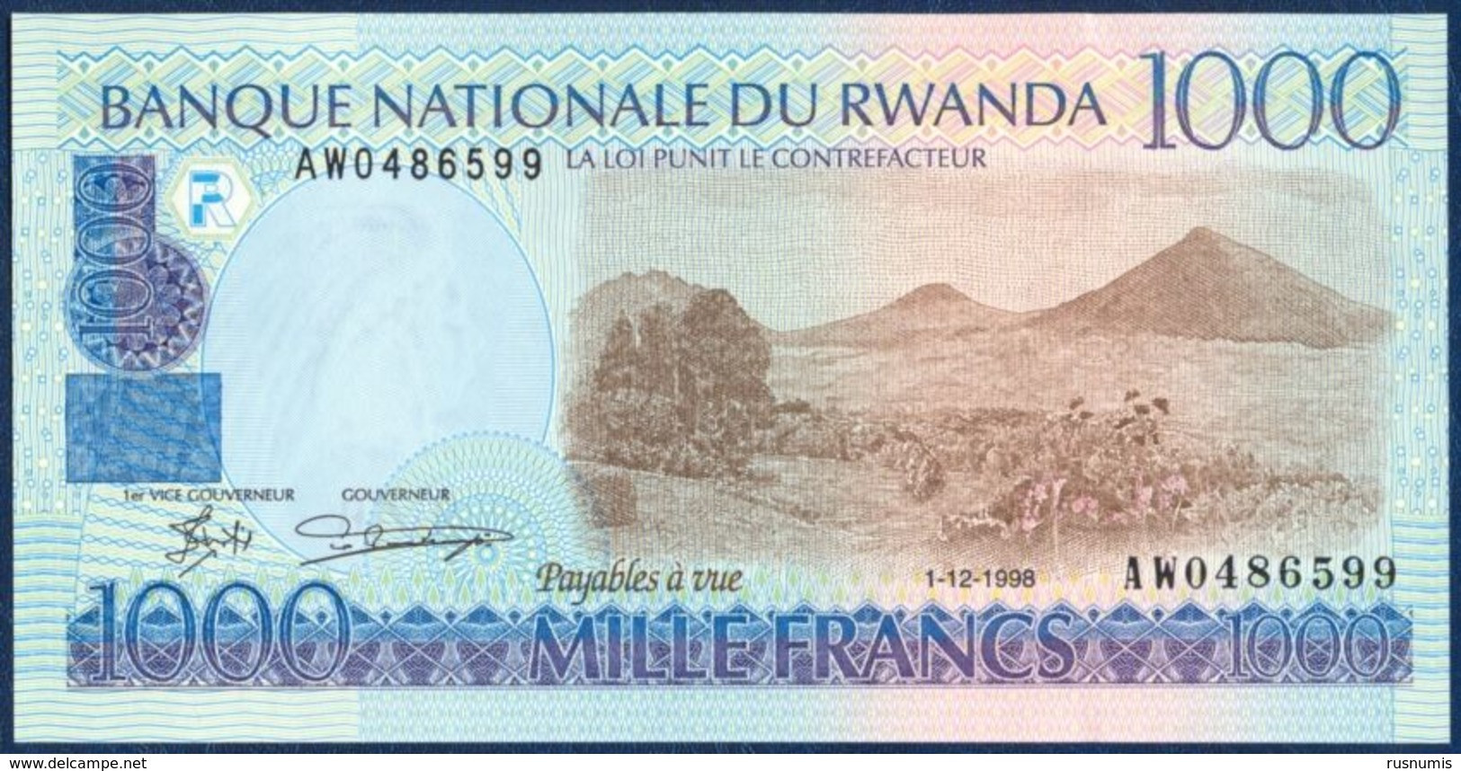 RWANDA 1000 FRANCS P-27b Karisimbi And Visoke Volcanoes (Virunga Volcano Range) - Cattle 1998 UNC - Rwanda