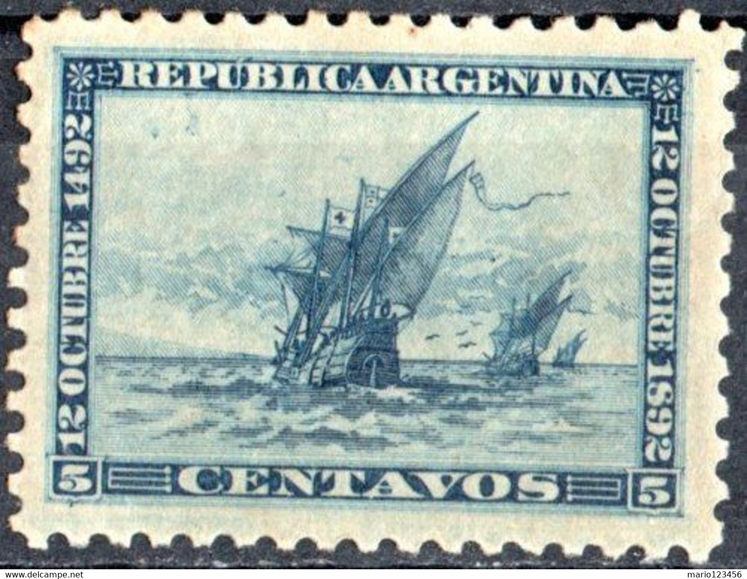 ARGENTINA, 4 CENTENARIO SCOPERTA D’AMERICA, 1892, 5,00 C., FRANCOBOLLO NUOVO (MLH*) Mi:AR 82, Scott:AR 91, Yt:AR 9 - Unused Stamps