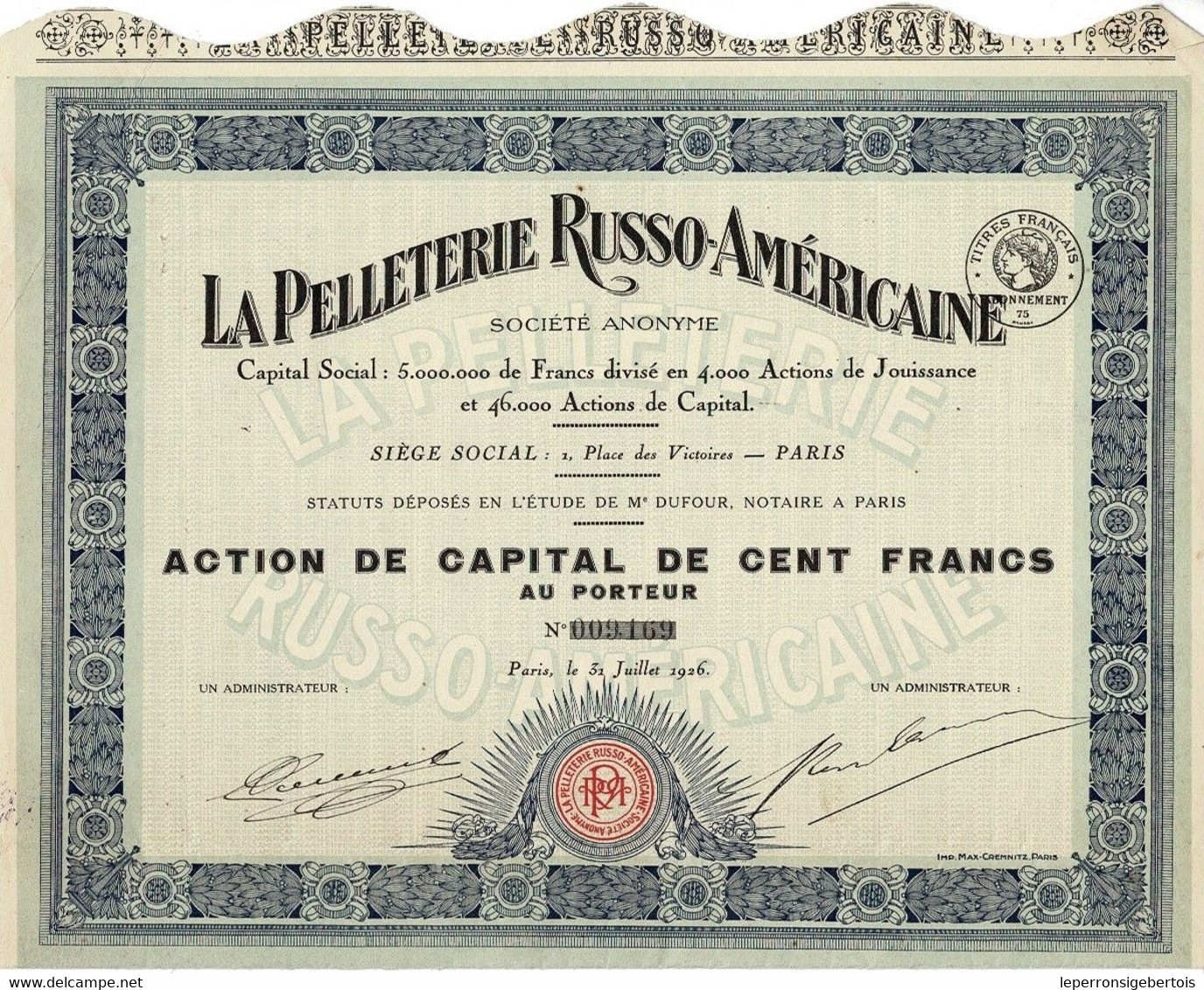 Titre Ancien - La Pelleterie Russo-Américaine - Titre De 1926 - - Tessili