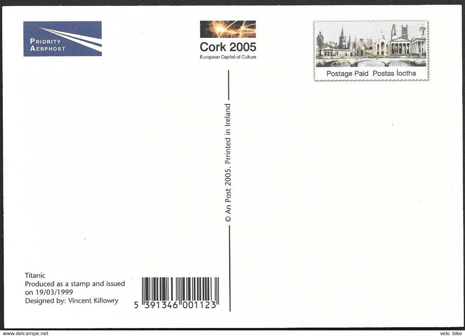 Eire Ireland Postal Stationery Postage Paid Cork 2005 Titanic Ocean Liner Ferry Boat  Priotaire Airmail - Entiers Postaux