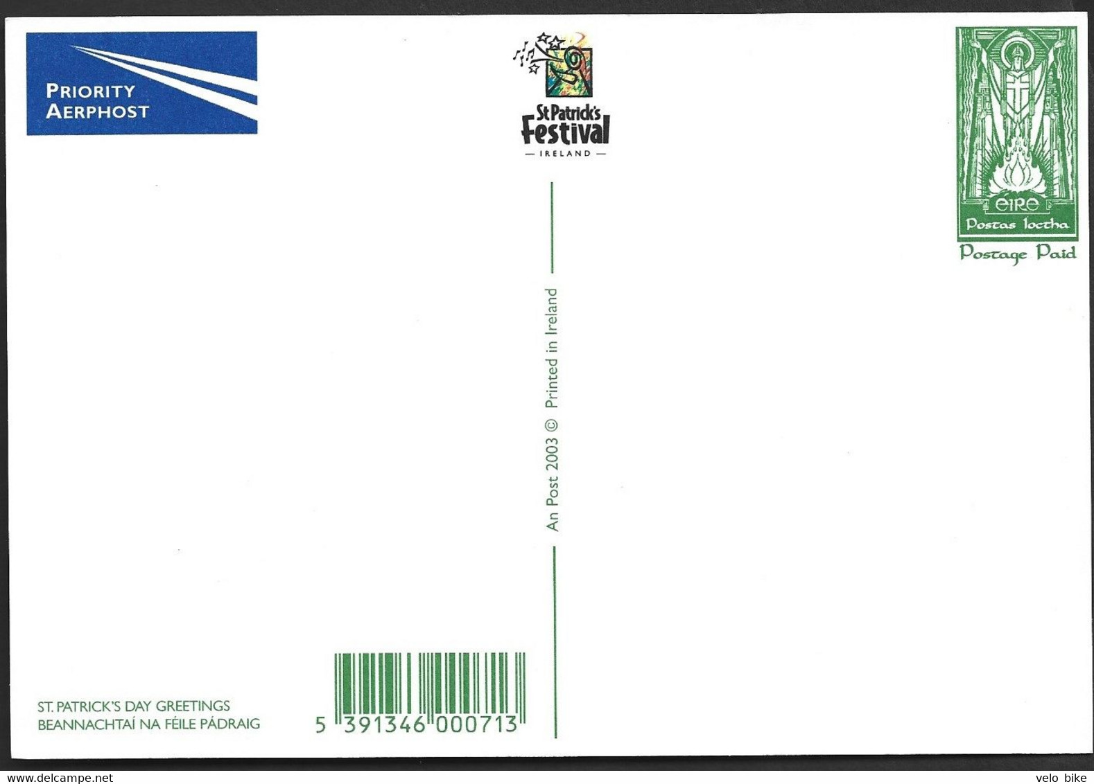 Eire Ireland  Postal Stationery Postage Paid St. Patrick's Day Greetings Prioritaire Airmail Festival 2001 - Postal Stationery