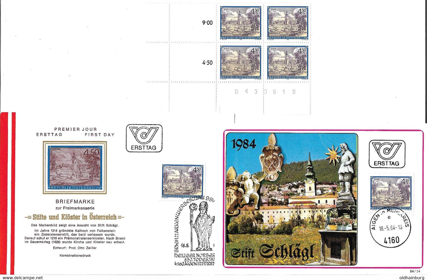 3190i: Stift 4160 Stift Schlägl, Zisterzienserstift, FDC, MK, Viererblock ** - Rohrbach