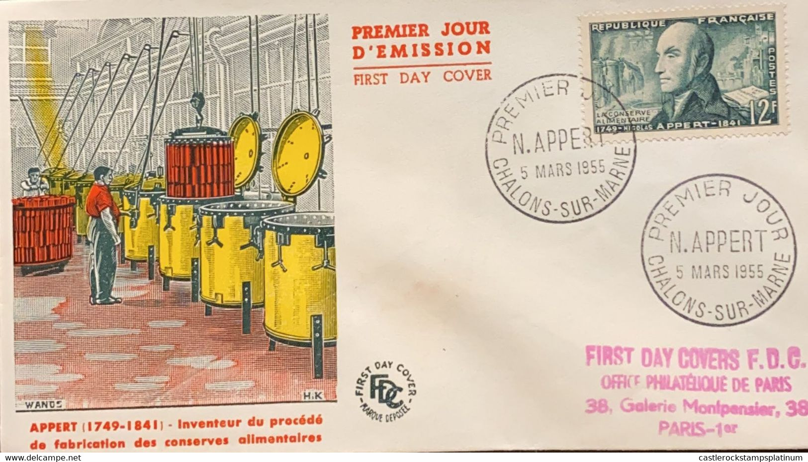 P) 1955 FRANCE, FDC, COVER OF APPERT 1749-1841 INVENTOR OF THE PRACÁDÁ OF CANNED FOOD MANUFACTURING, FRENCH INVENTOR, XF - Andere & Zonder Classificatie