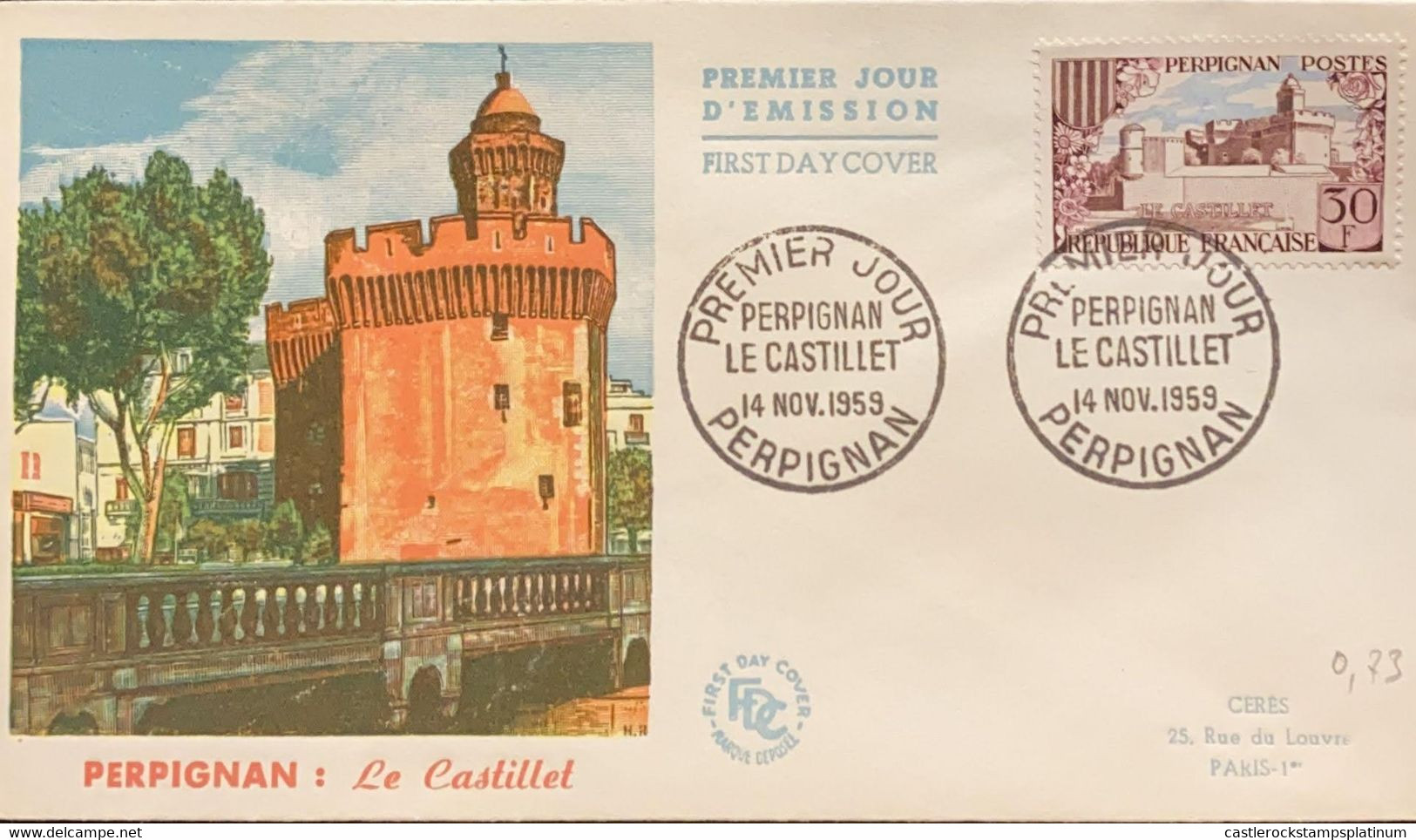 P) 1959 FRANCE, FDC, COVER OF PERPIGNAN CASTLE STAMP, WITH CANCELLATION, XF - Andere & Zonder Classificatie