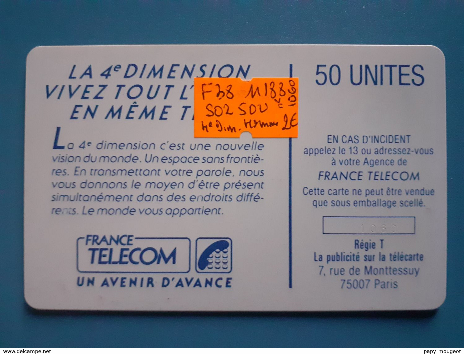 F38 SO2 50U 11/88 4ème Dimension Homme N°1060 Petit Embouti - 1988