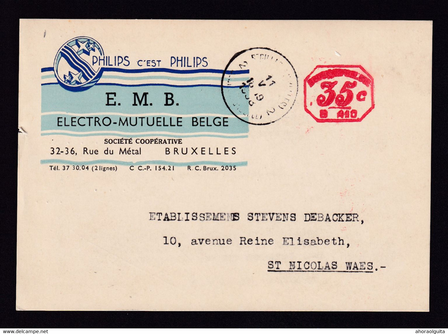 DDAA 484 - Carte Illustrée "PHILIPS C'est PHILIPS" E.MB. BRUXELLES - Affranchissement Mécanique 35 C En 1938 - ...-1959