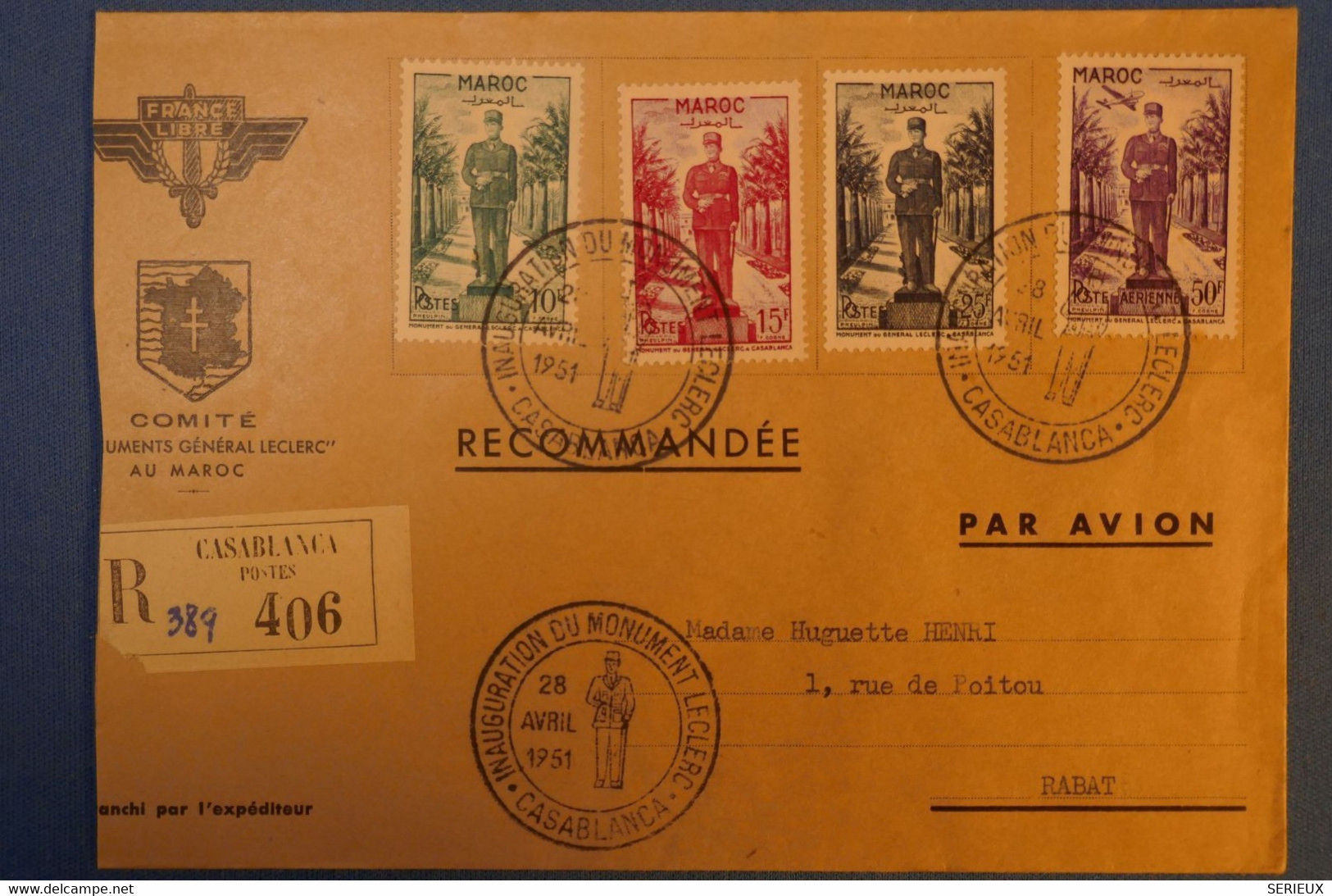 F2 MAROC BELLE LETTRE RECOM.1951 CASABLANCA POUR RABAT . FRANCE LIBRE+LECLERQ++ PA ++ AFFRANCHISSEMENT PLAISANT - Brieven En Documenten