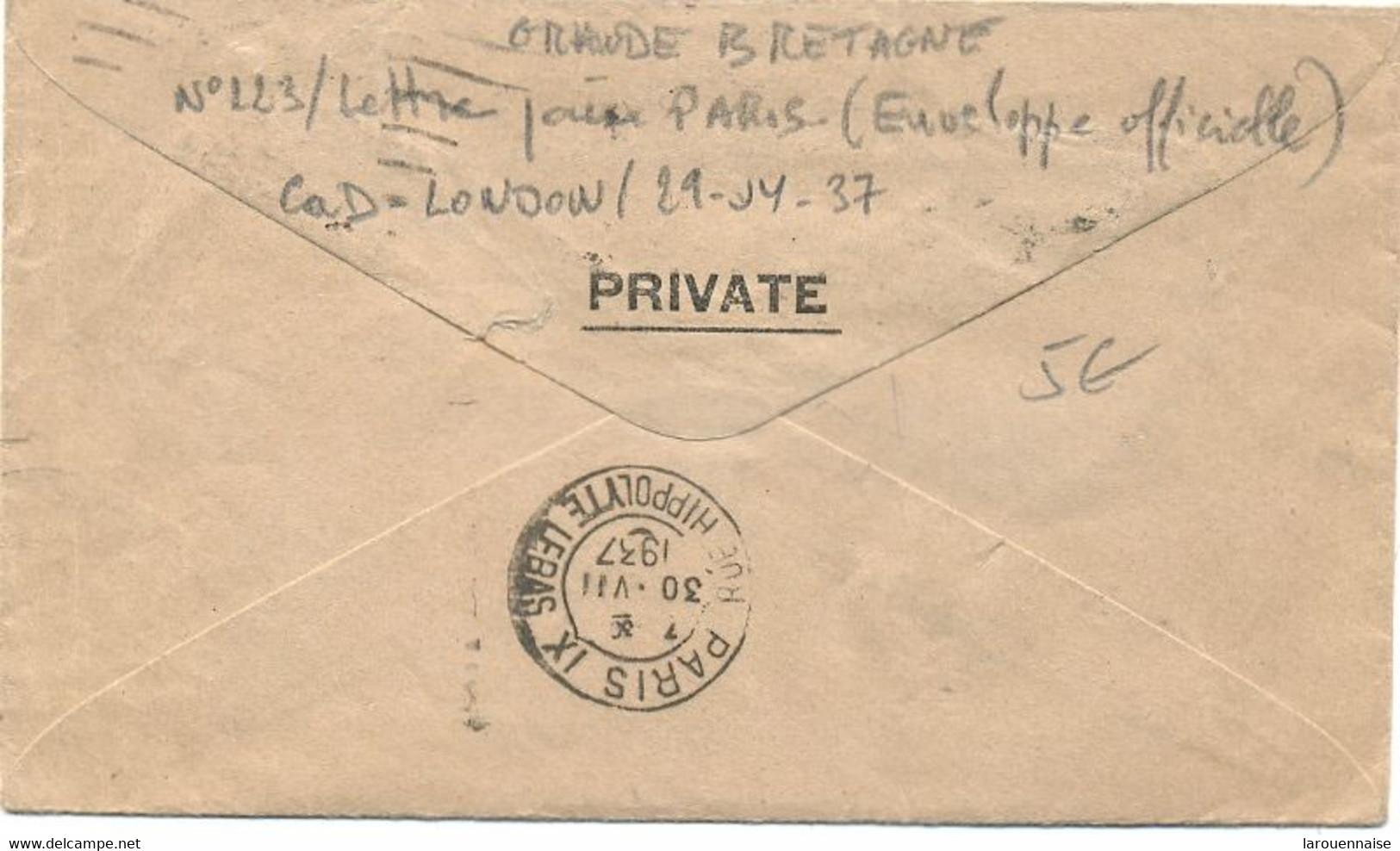GRANDE  BRETAGNE N° 223 / LETTRE Pour PARIS ( Enveloppe Officielle) C à D -LONDON / 29-JY-37 - Covers & Documents