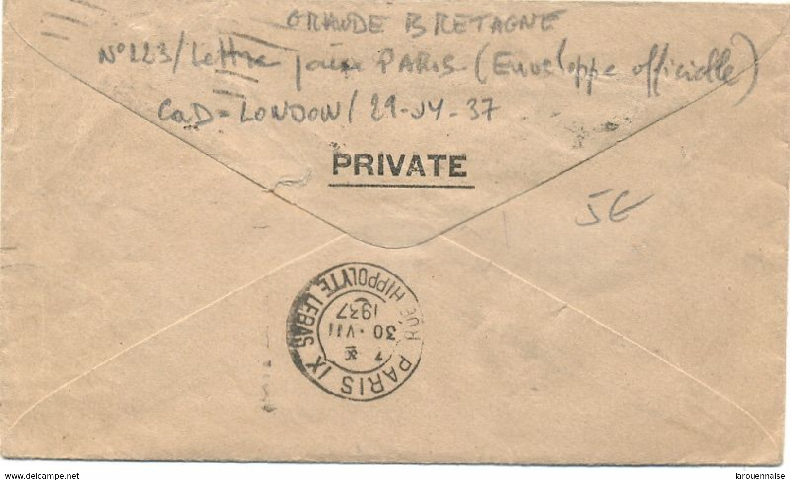 GRANDE  BRETAGNE N° 223 / LETTRE Pour PARIS ( Enveloppe Officielle) C à D -LONDON / 29-JY-37 - Storia Postale