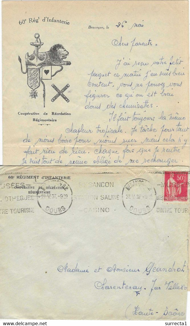 1937 / Env + Courrier Entête Illustrée 60° R I / Lion, Ancre Marine, Carte Coeur / Flamme Besançon - Vlaggen