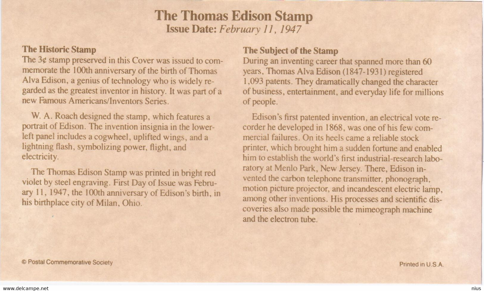 USA United States 1992 The Thomas Edison, The Historic Stamp 1947 - 1991-2000