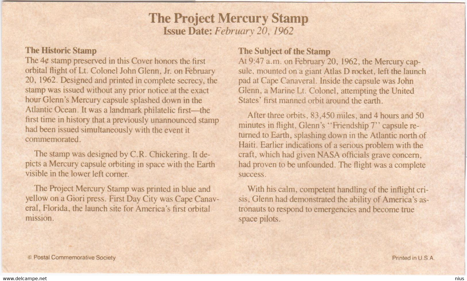 USA United States 1992 The Project Mercury, The Historic Stamp 1962, Cosmos Space - 1991-2000