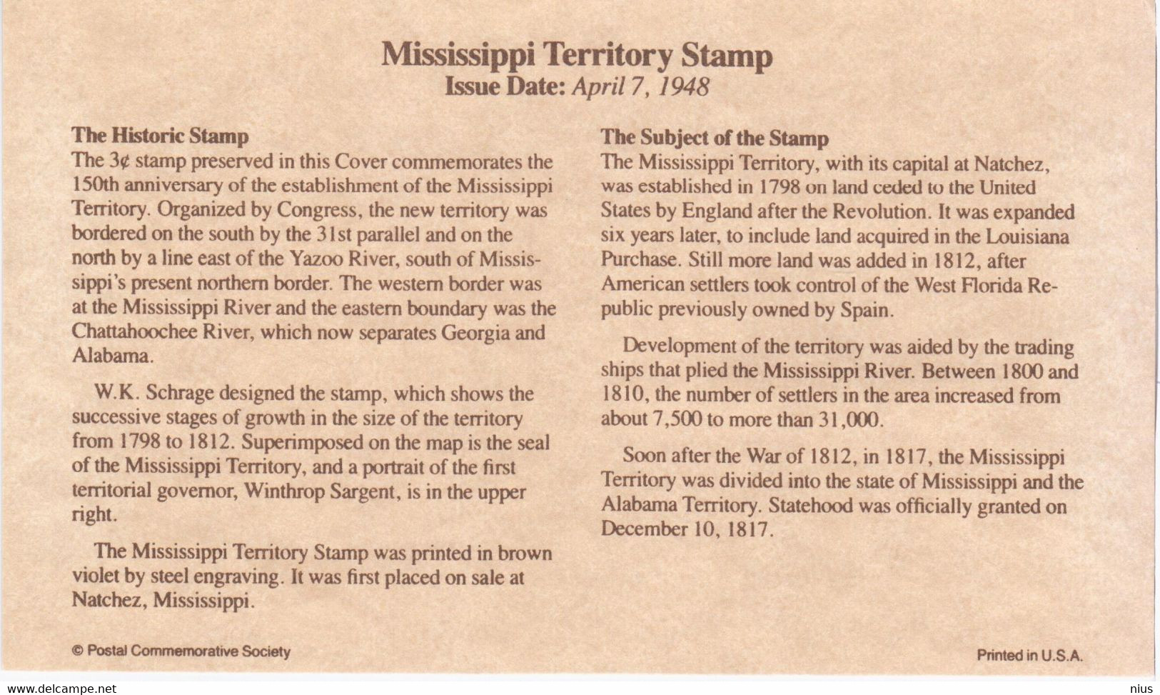 USA United States 1992 Mississippi Territory, The Historic Stamp 1948 - 1991-2000