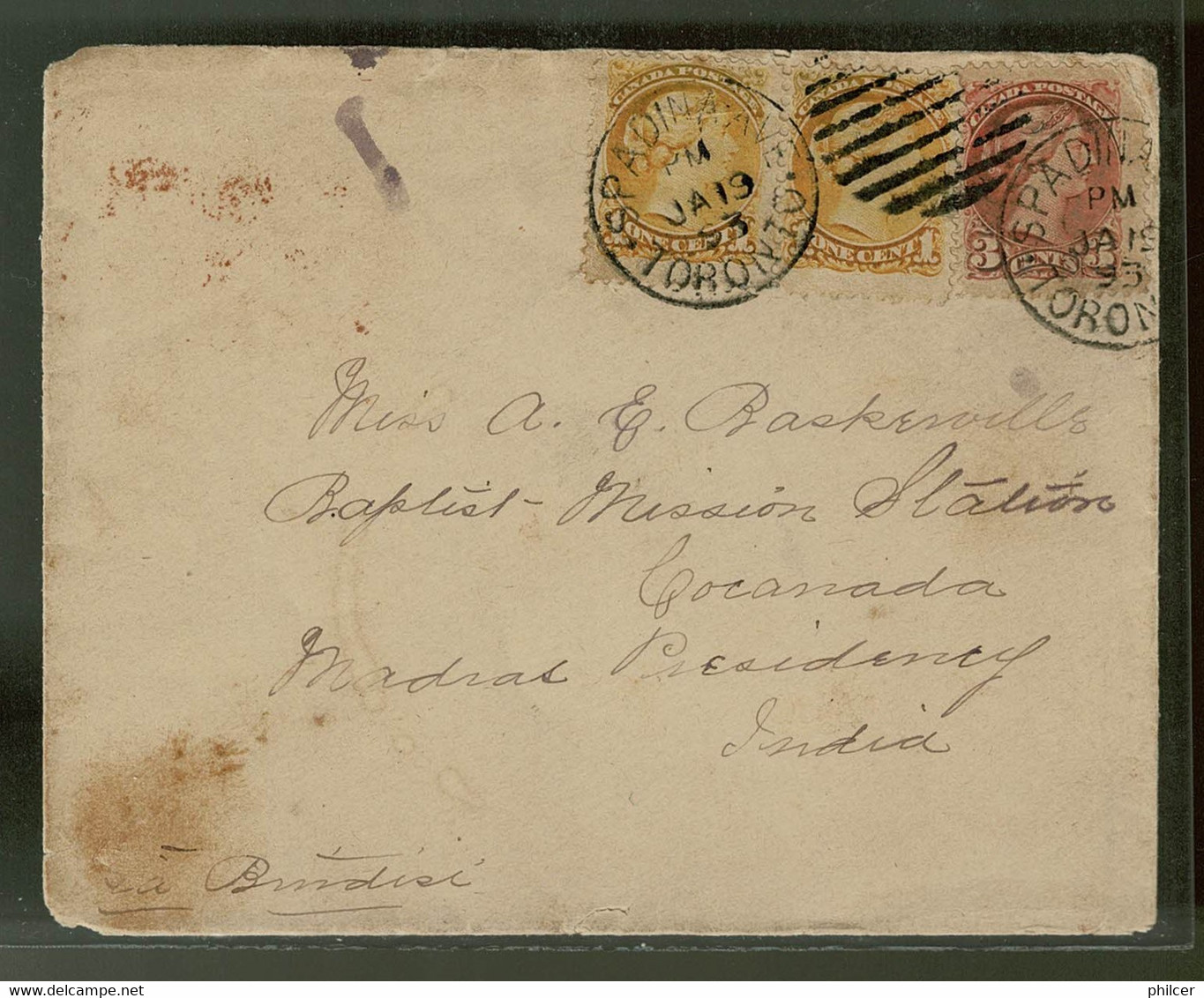 Canadá, 1893, Toronto-India - Covers & Documents