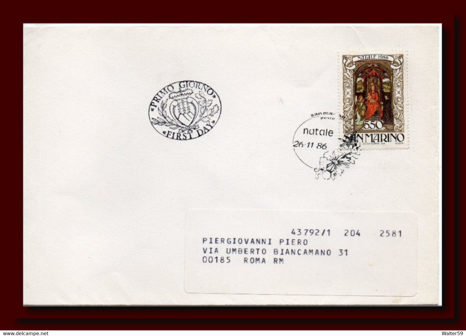 1986 San Marino Saint Marin Letter Posted To Italy Pmk Christmas 86 And Arrival's Pmk Rear - Cartas & Documentos