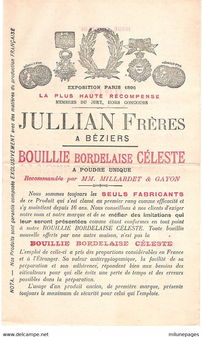 Lot De 3 Documents Commerciaux "prospectus" De La Maison Jullian Frères à Béziers Mildiou Bouillie Bordelaise Pulvérisat - Landwirtschaft