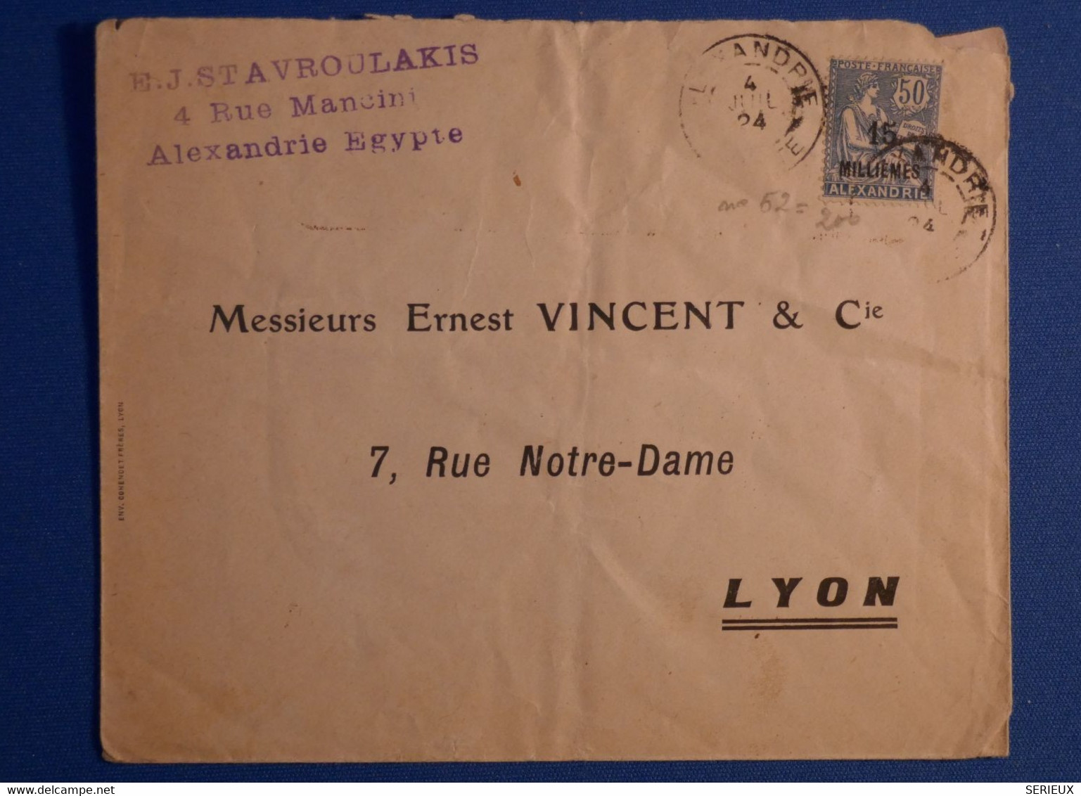 M21 EGYPTE BELLE LETTRE 1924 ALEXANDRIE POUR LYON FRANCE+ AFFRANCH INTERESSAN - Lettres & Documents