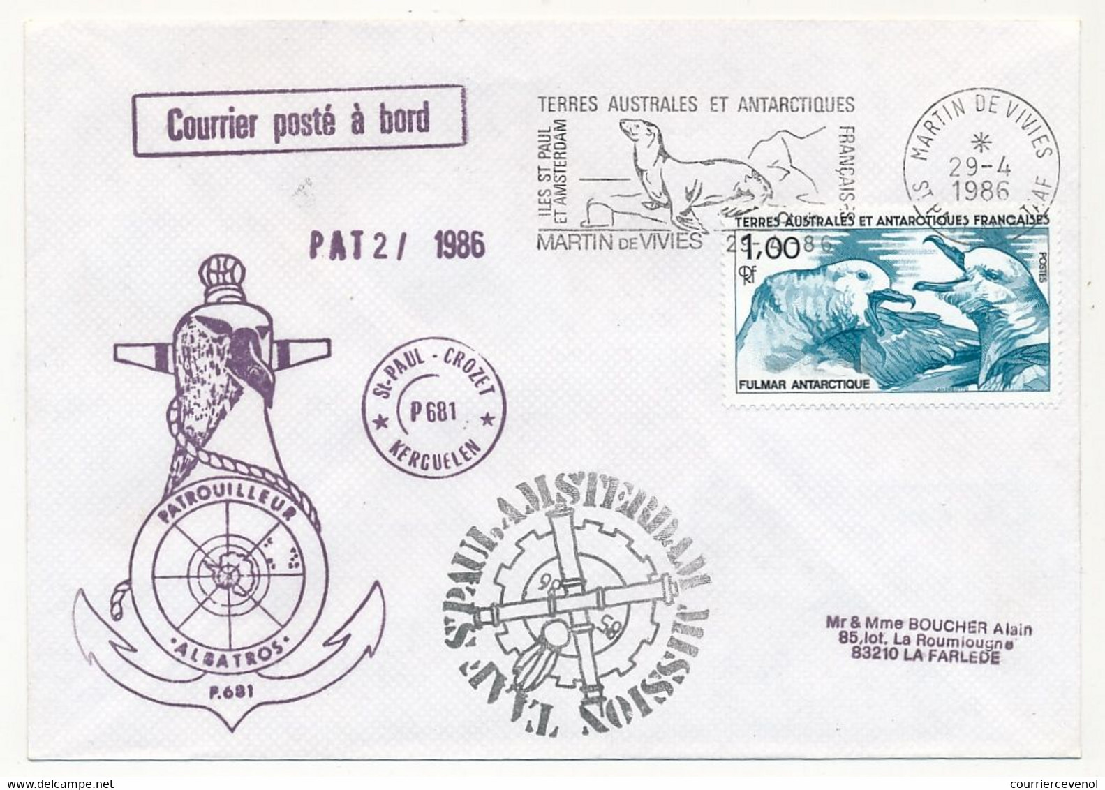 TAAF - Env. Affr 1,00 Fulmar Antarctique, OMEC Martin De Vivies 29/4/1986 + Patrouilleurs Albatros + Divers - Covers & Documents