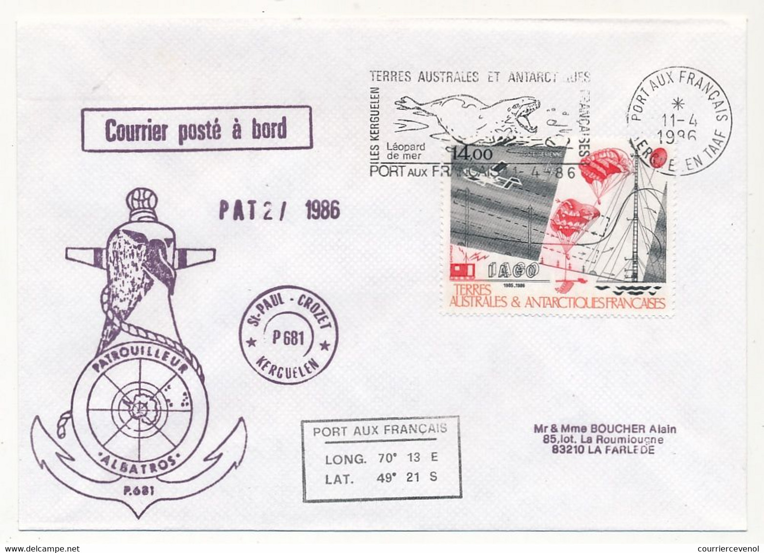 TAAF - Env. Affr 14,00 P.A IAGO, OMEC Port Aux Français 11/4/1986 + Patrouilleurs Albatros + Divers - Briefe U. Dokumente