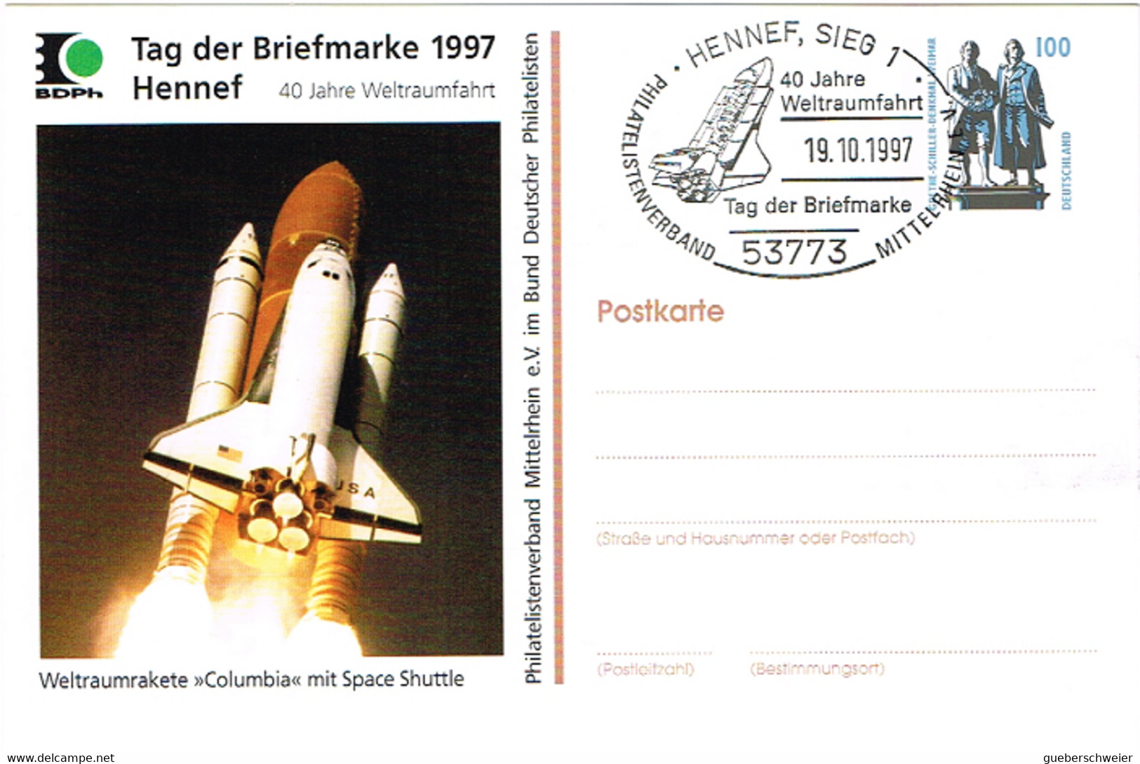 L-ALL-251 - ALLEMAGNE Entier Postal Illustré Fusée Columbia  Journée Du Timbre 1997 Obl. Ill. De Hennef, Sieg - Privatpostkarten - Ungebraucht