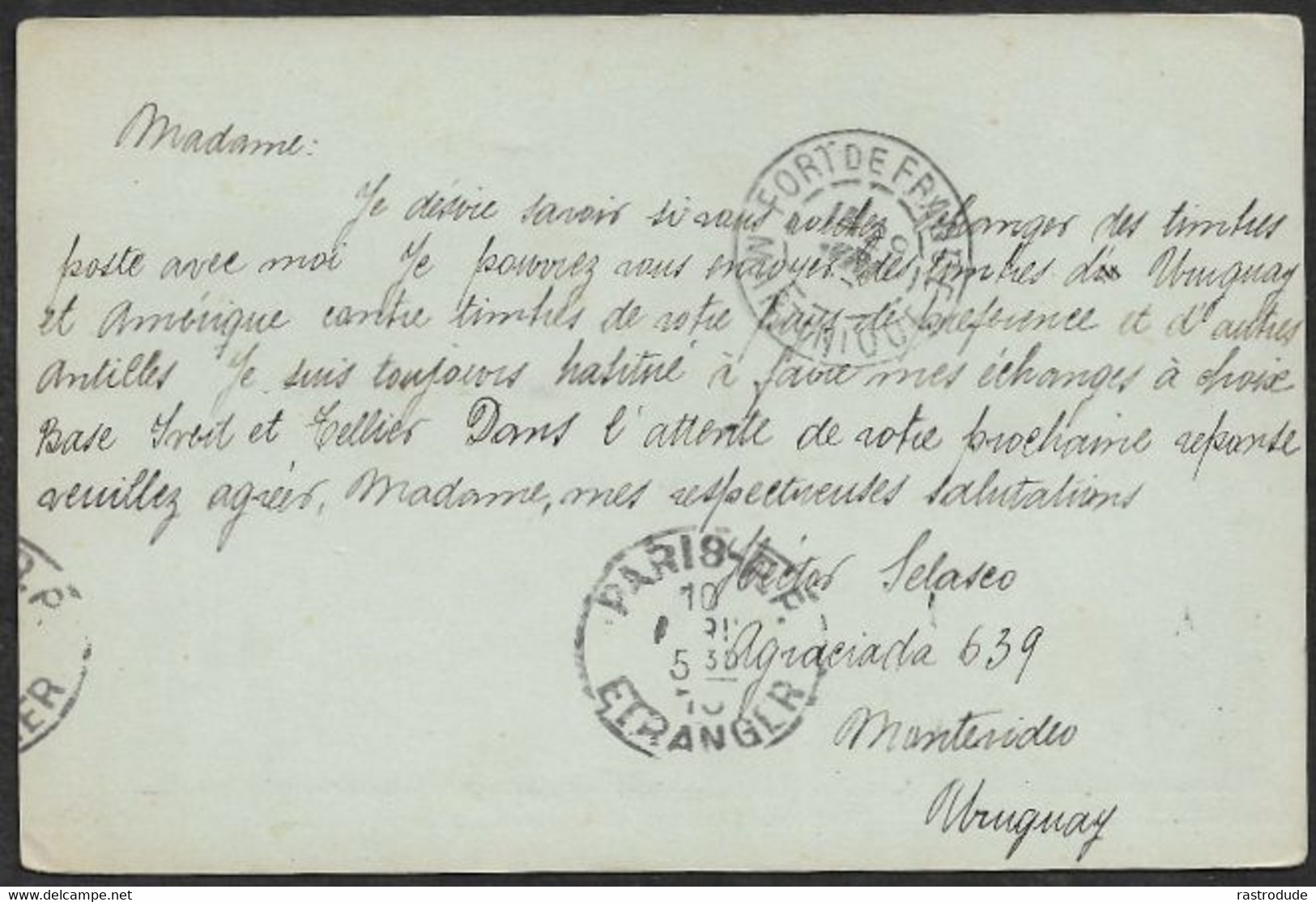 1913 URUGUAY - ILLUSTRATED 2C POSTAL STATIONERY CARD MONTEVIDEO To MARTINIQUE - RARE DESTINATION - Uruguay