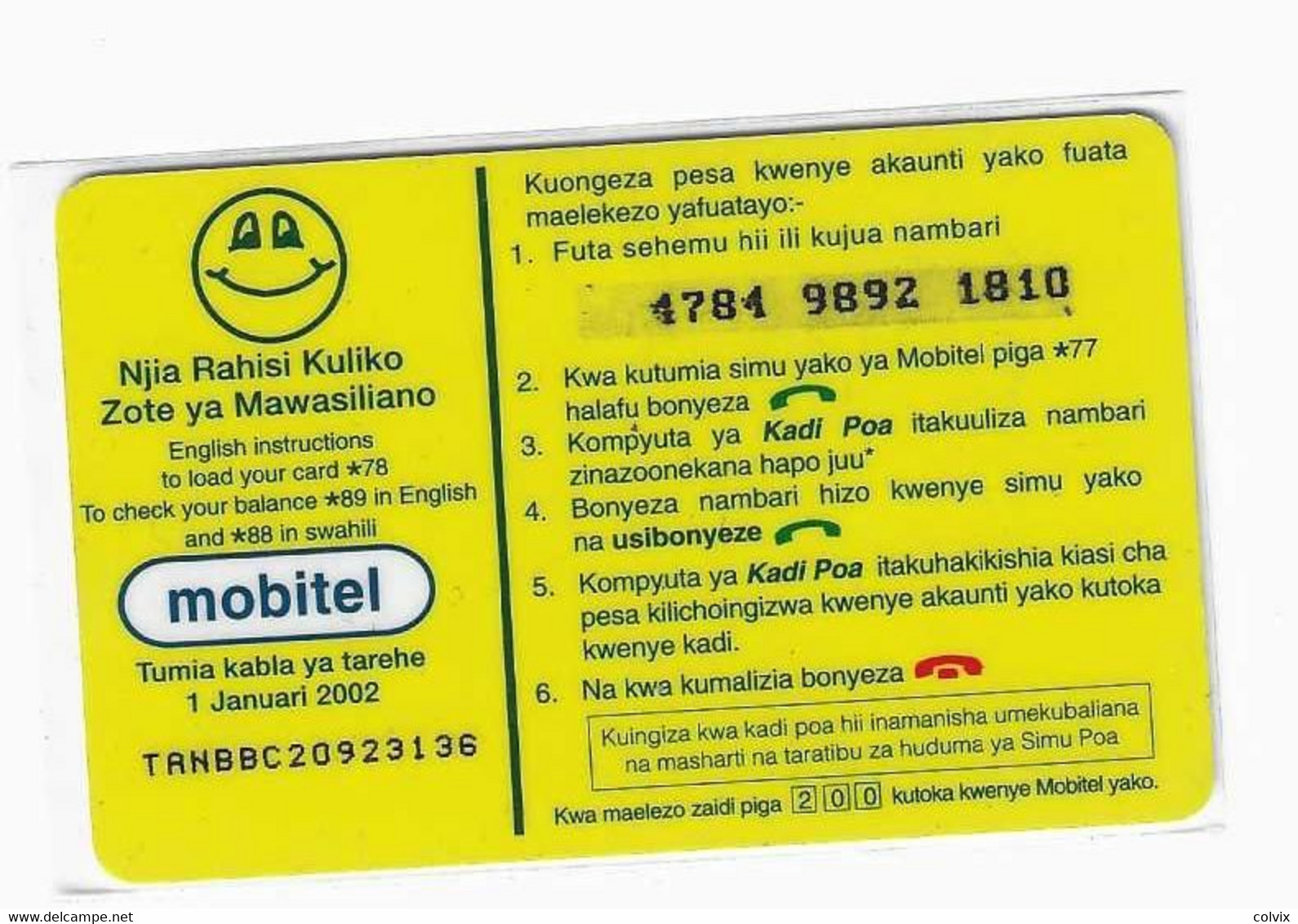 TANZANIE RECHARGE MOBITEL KADI POA  SIMU POA 5,00$ Date 01/01/2002 - Tansania