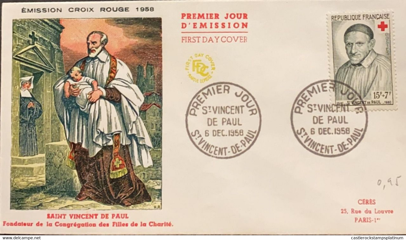 P) 1958 FRANCE, FDC, RED CROOS OF SAINT VINCENT STAMP, FOUNDER CONGREGATION OF THE DAUGHTERS OF CHARITY, XF - Andere & Zonder Classificatie