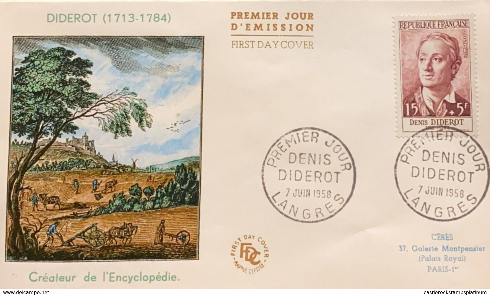 P) 1958 FRANCE, FDC, RED CROOS CHARITY OF DENIS DIDEROT STAMP, CREATOR ENCYCLOPEDIA, XF - Other & Unclassified