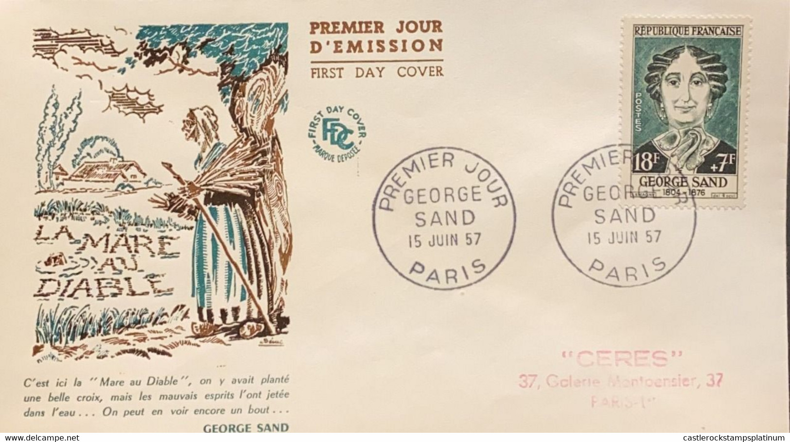 P) 1957 FRANCE, FDC, FAMOUS FRENCHMEN OF GEORGE SAND STAMP, NOVELIST FRENCH, THE DEVIL'S POOL, XF - Autres & Non Classés