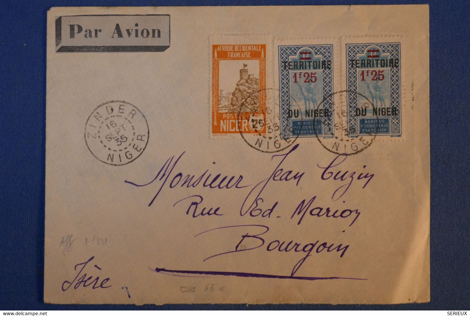 G15 NIGER BELLE LETTRE 1935 ZINDER POUR BOURGOIN FRANCE+ SURCHARGES+ AFRANCHISSEMENT PLAISANT - Storia Postale