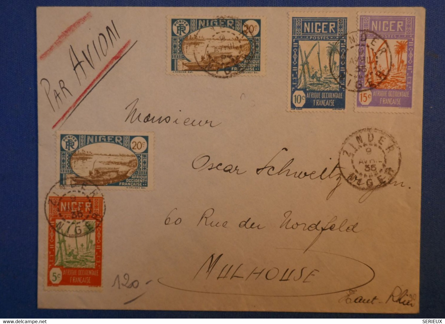 E11 NIGER AOF BELLE LETTRE PAR AVION 1935 ZINDER POUR MULHOUSE FRANCE + AFFRANCHISSEMENT PLAISANT - Storia Postale