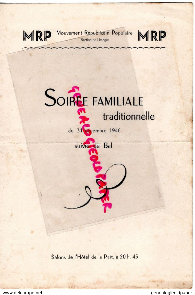 87-LIMOGES-RARE PROGRAMME BAL 1946-MRP MOUVEMENT REPUBLICAIN POPULAIRE-SALON HOTEL LA PAIX -AMIS DARTIGEAS-JAZZ BARON - Programme