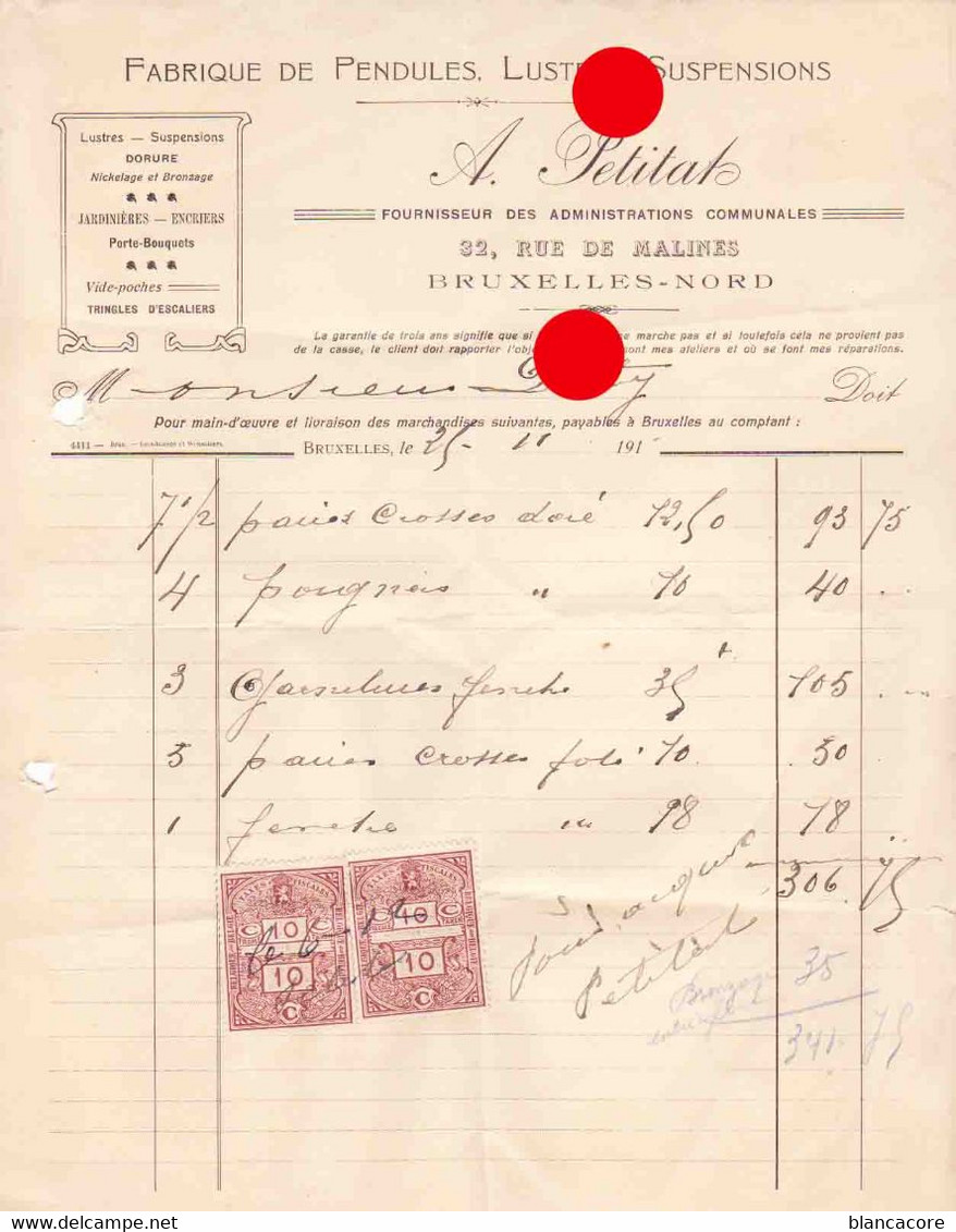 Bruxelles Nord  Fabrique De Pendules Lustres & Suspensions  PETITAT 1920 - Électricité & Gaz